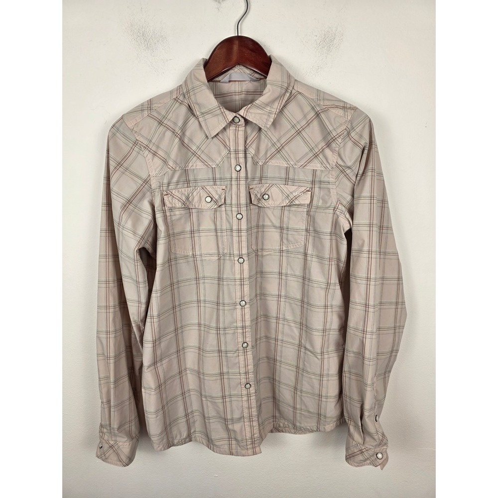 Stio Womens Large Tan Plaid Western Snap Long Sleeve Technical Hiking Shirt